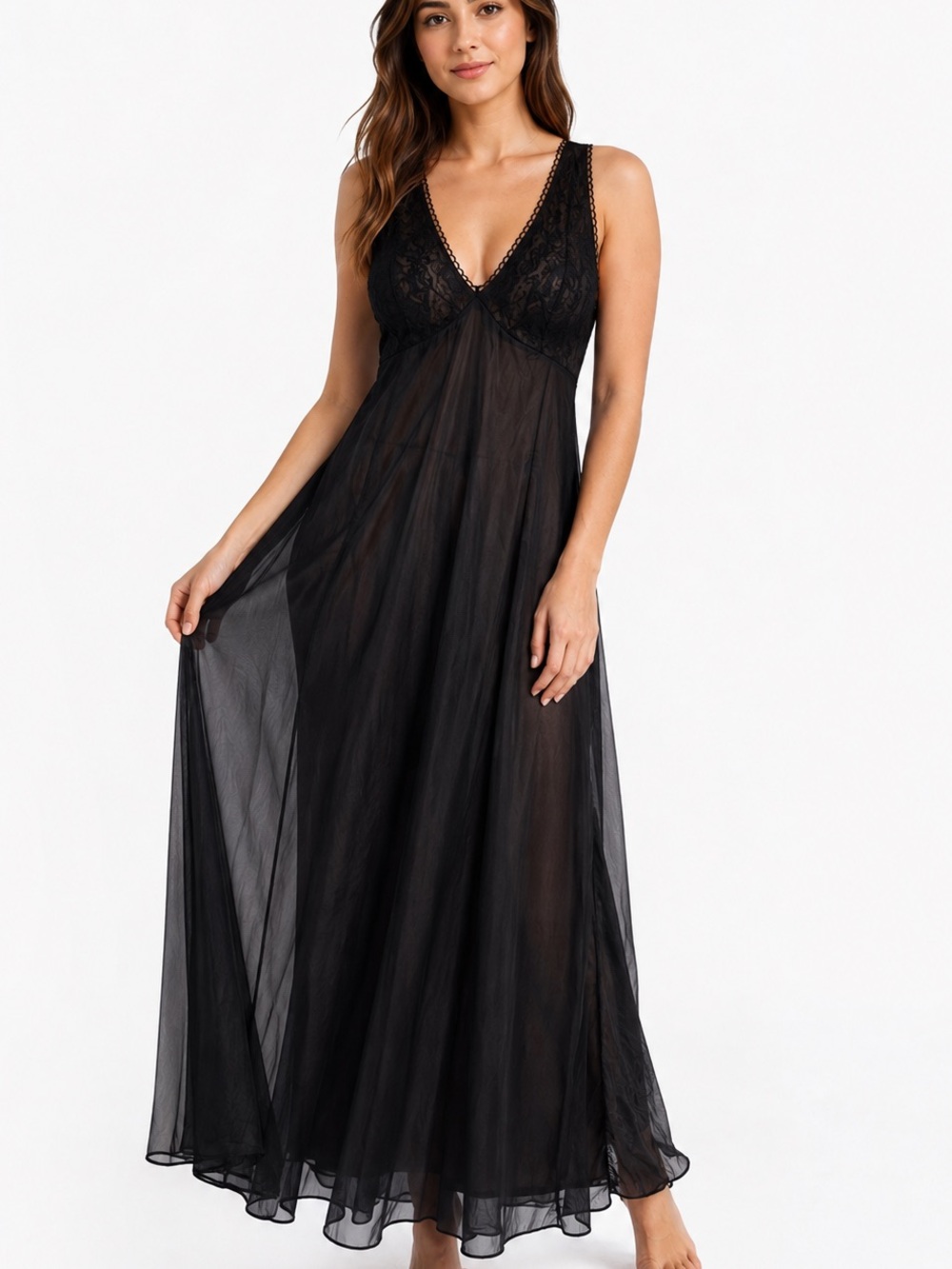 Vanity Fair Black Sheer Nylon Nightgown | 1970’s Vintage | Lace Trim | Size 32